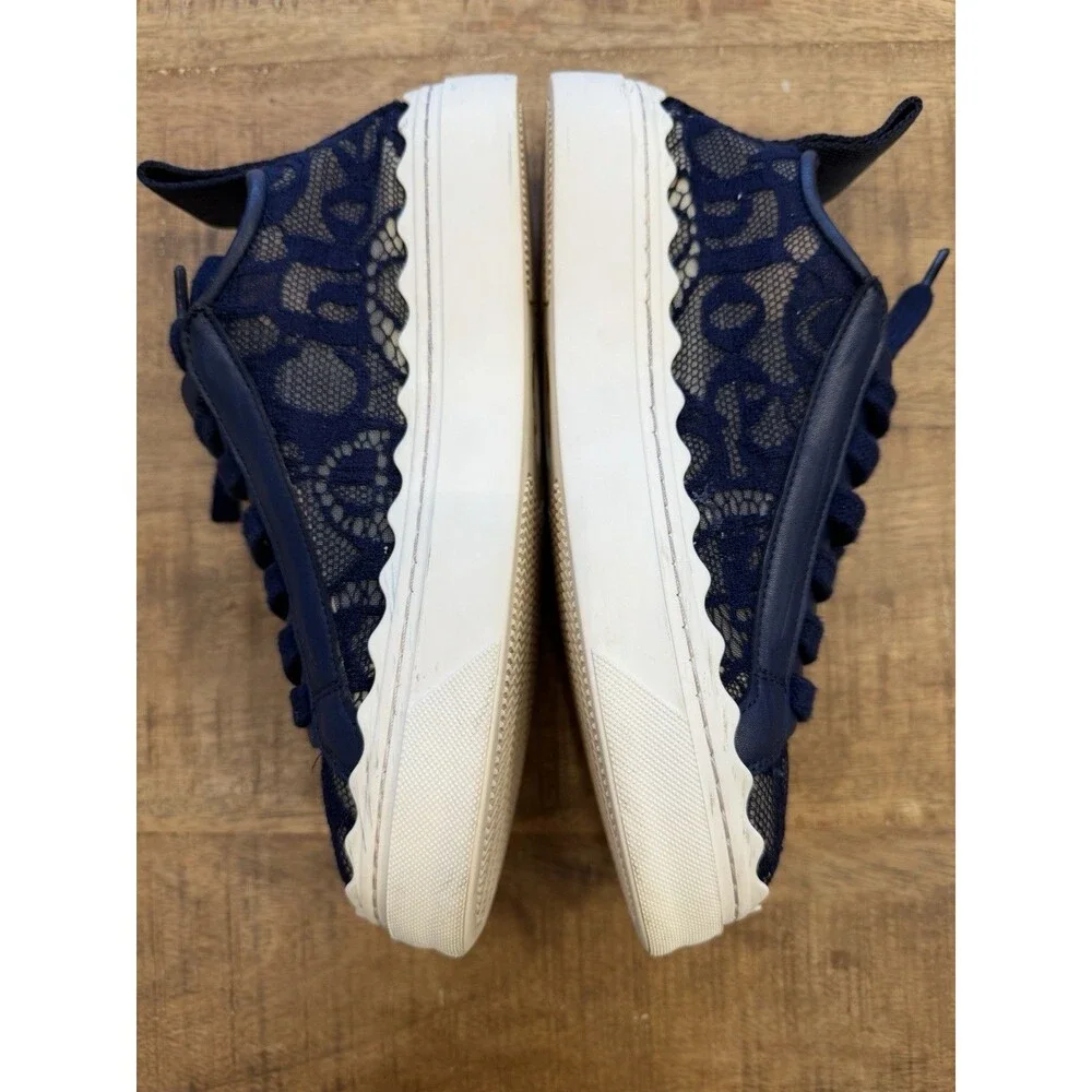 CHLOE Size 35 Lauren Lace Navy Blue White Sneakers Tennis Shoes Leather Scallop